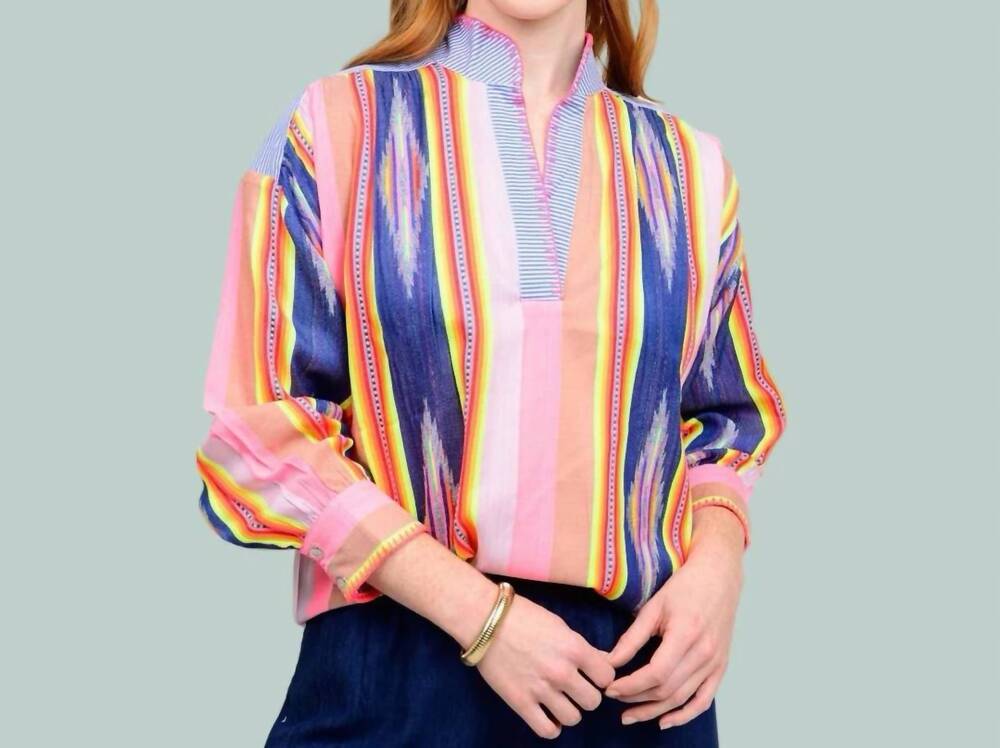 NEW IVY JANE ikat stripe popover blouse in blue multi-color